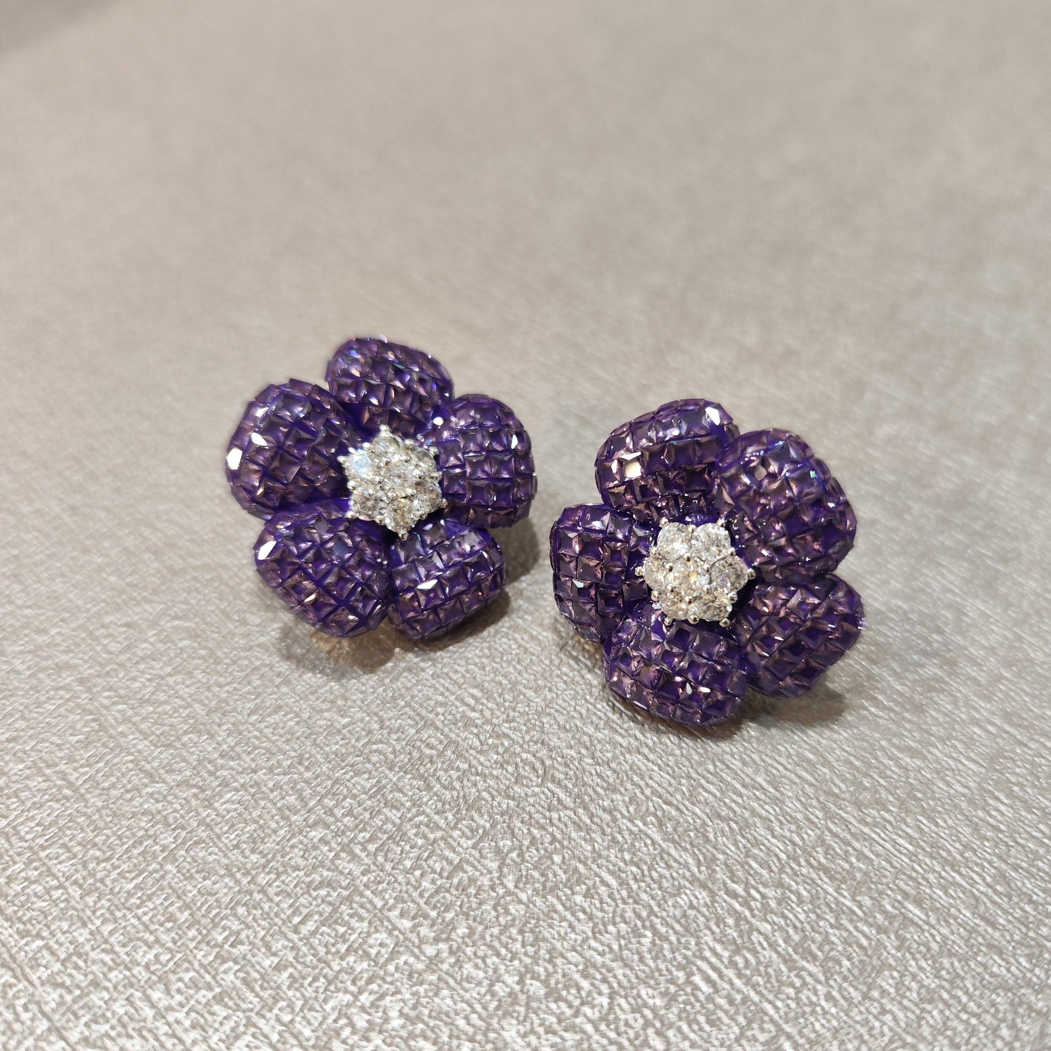 Lavender Flower Earrings in Invisible Setting