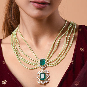 "Bani" Silver Emerald Pendent in Rice Pearls