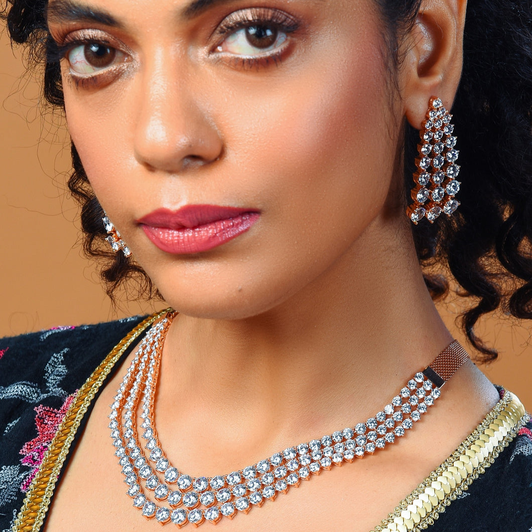 Triple Line Solitaire Necklace in Carat Plating with Jaali Chain (Isha -041)