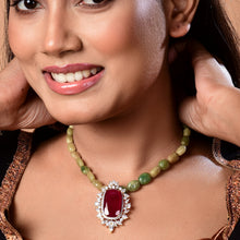 Load image into Gallery viewer, Ruby Pendent with Earrings in Aventurine Beads Mala Detachable
