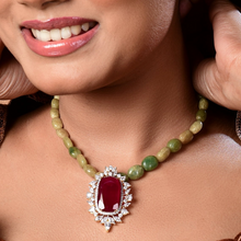 Load image into Gallery viewer, Ruby Pendent with Earrings in Aventurine Beads Mala Detachable
