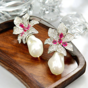 Silver Flower Ruby Earrings with Pearl