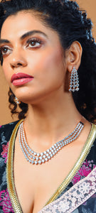 Triple Line Solitaire Necklace in Carat Plating with Jaali Chain (Isha -041)