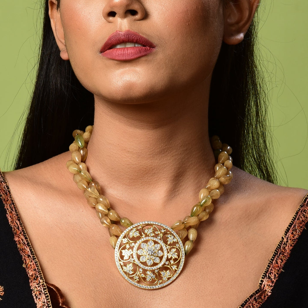 925 Silver Round Pendent With smoky Topaz Beads Mala