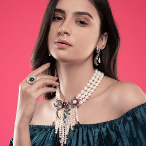 Elegant Classy Pearl Ruby Pendant Necklace