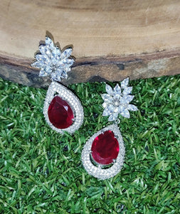 Red Stone Earrings in Silver Plating