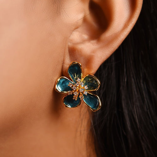 Teal Blue Flower Earrings 